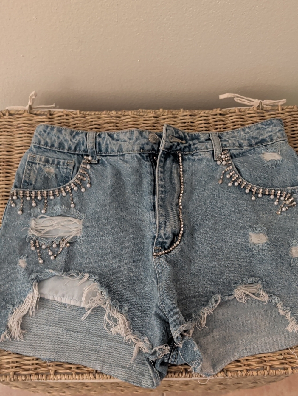 Signature8 Rib & Destroyed High Waisted Light Blue Denim Shorts Beaded